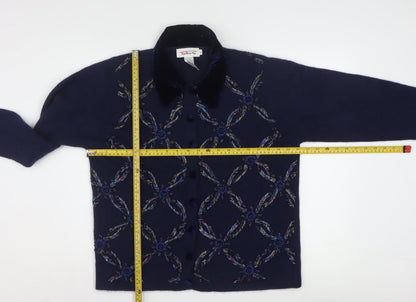 Talbots Womens Blue Wool Angora Embroidered Collared Cardigan L