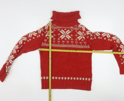 Ralph Lauren Women's Red Fair Isle Roll Neck Jumper Size M Cotton Winter