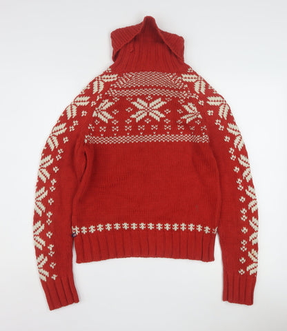 Ralph Lauren Women's Red Fair Isle Roll Neck Jumper Size M Cotton Winter