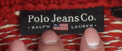 Ralph Lauren Women's Red Fair Isle Roll Neck Jumper Size M Cotton Winter