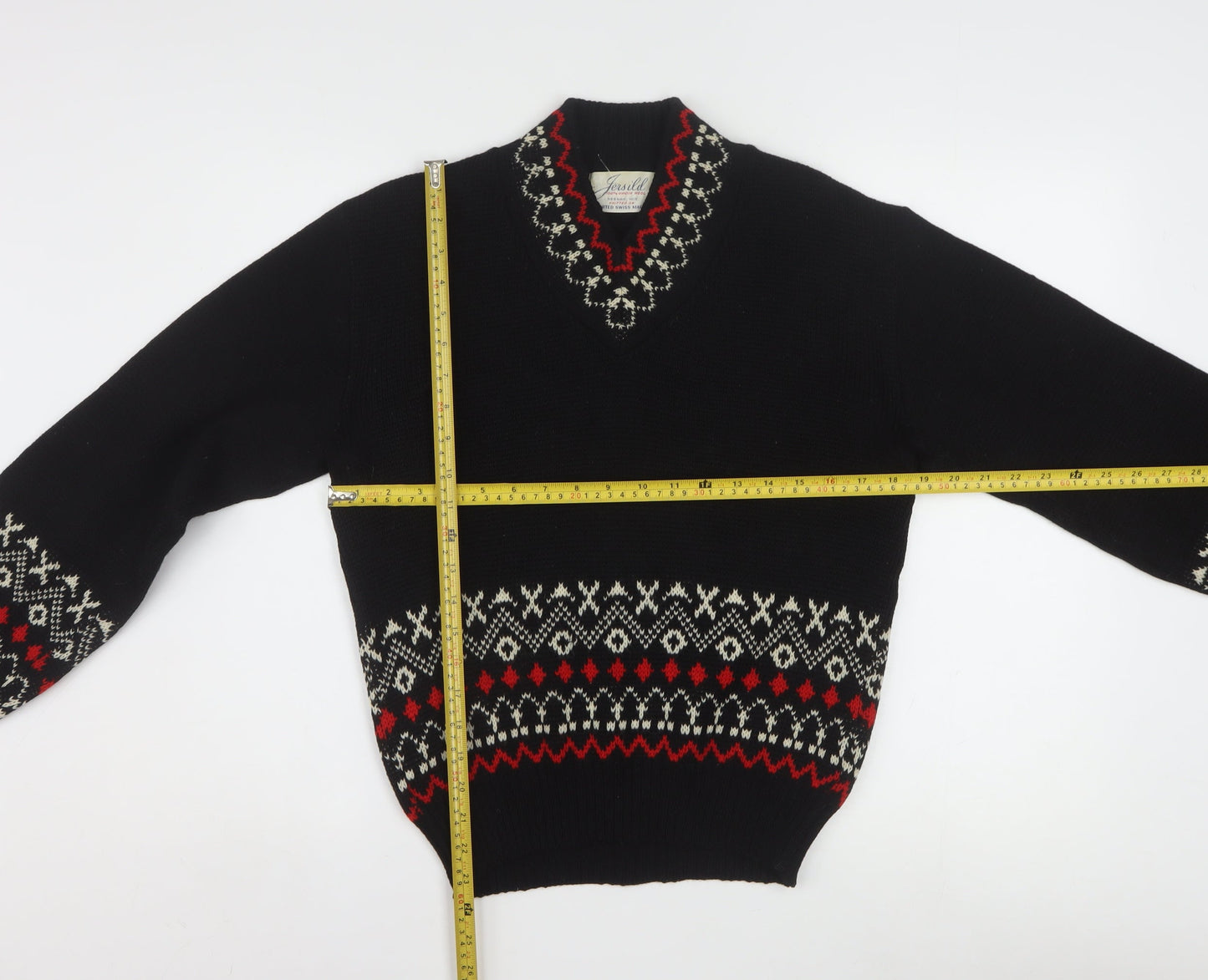 Jersild Women's Black Fair Isle Wool V-Neck Jumper Size M