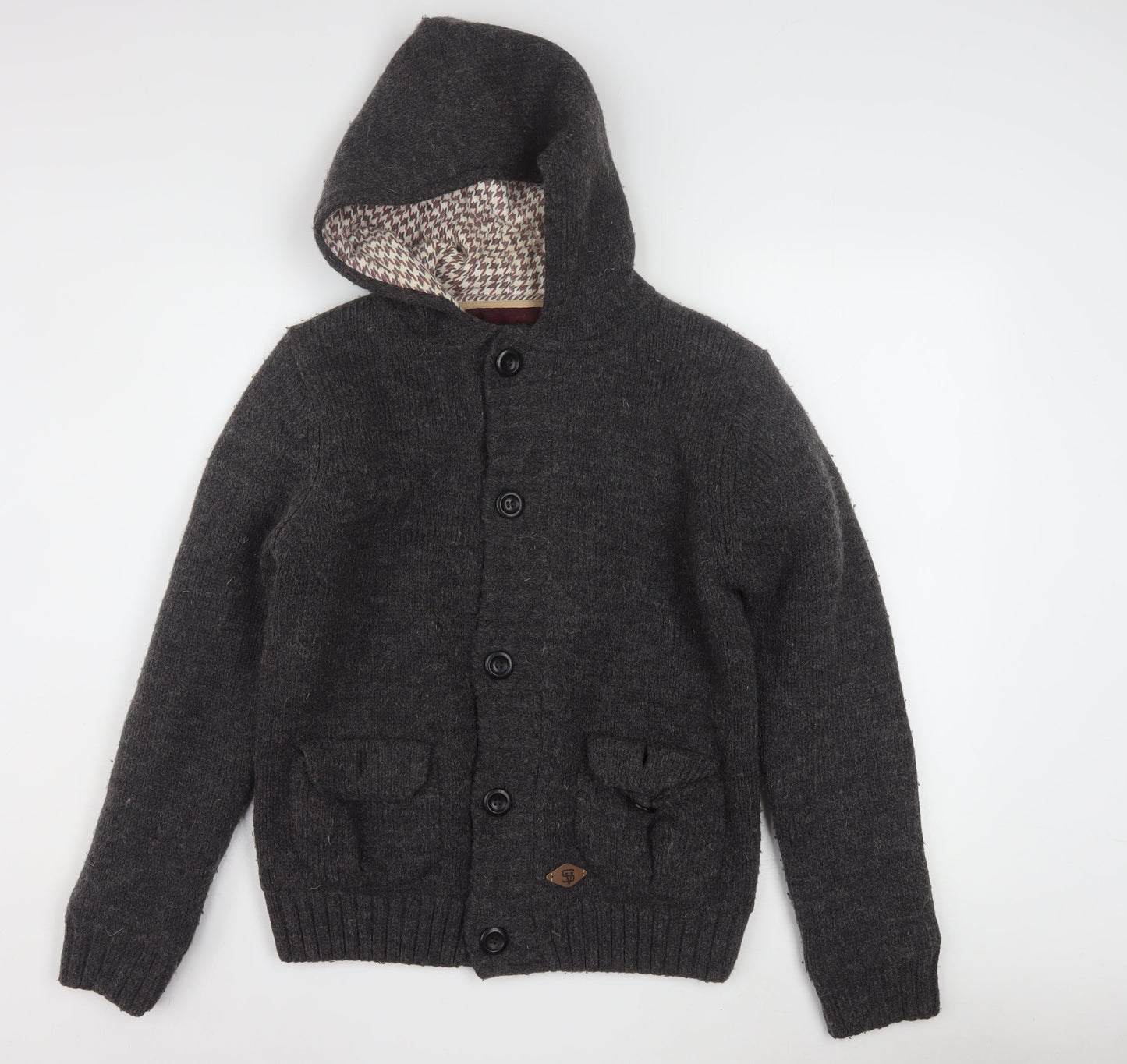 Superior Vintage Men's Grey Hooded Button Cardigan Jumper M