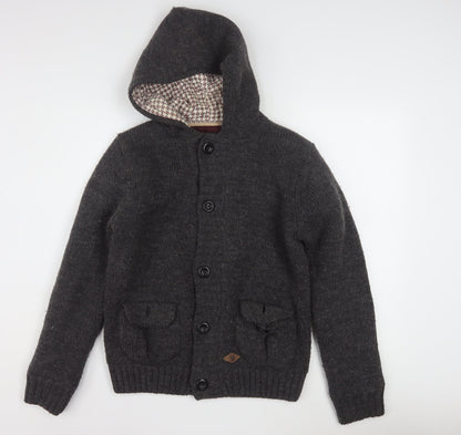 Superior Vintage Men's Grey Hooded Button Cardigan Jumper M