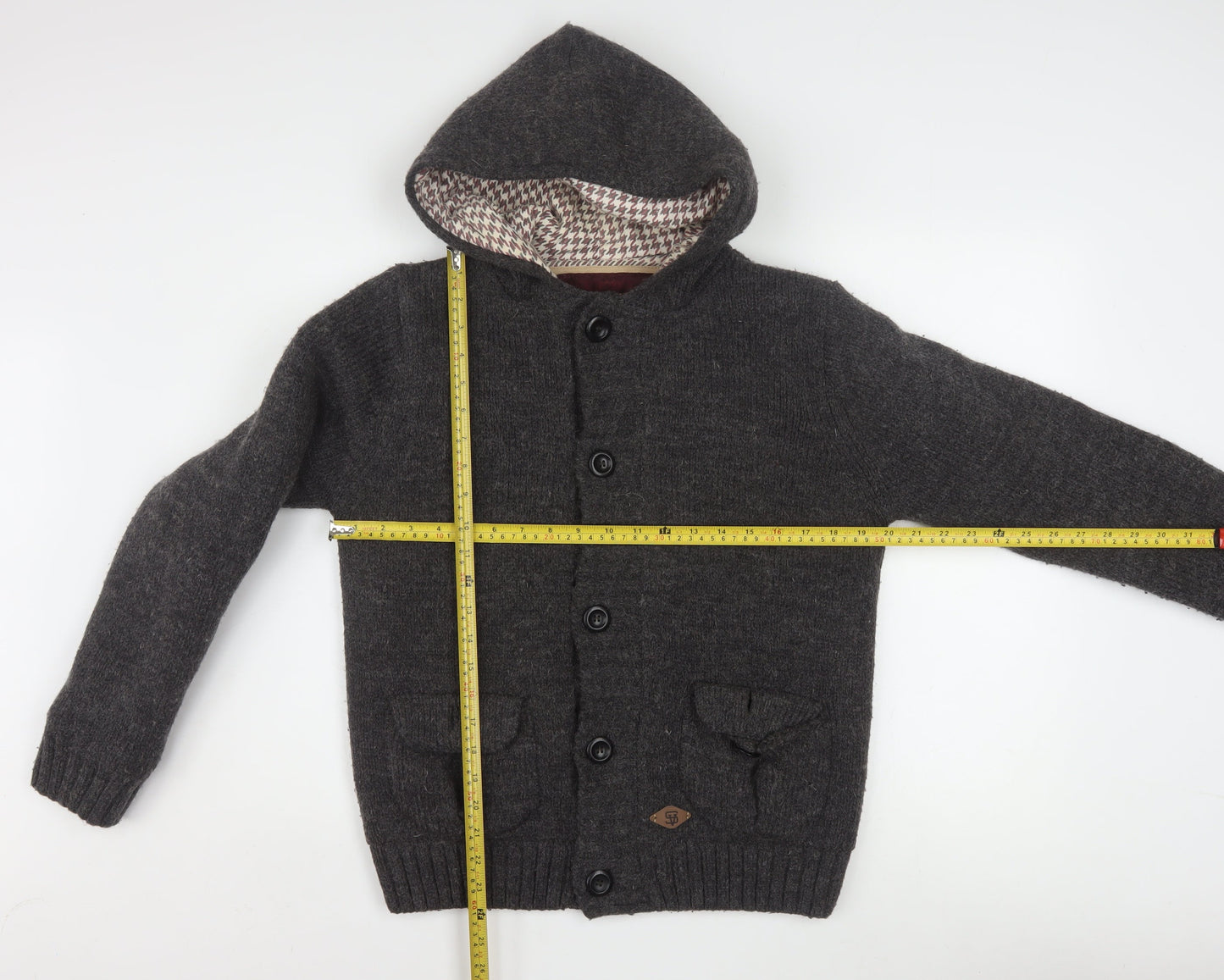 Superior Vintage Men's Grey Hooded Button Cardigan Jumper M