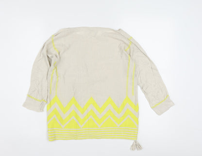 Monsoon Women Beige Yellow Tunic Top S Linen Cotton 3/4 Sleeve Boho Style