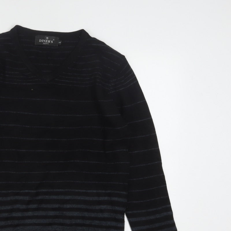 Diner's Men's Black Striped V-Neck Knit Jumper Size L