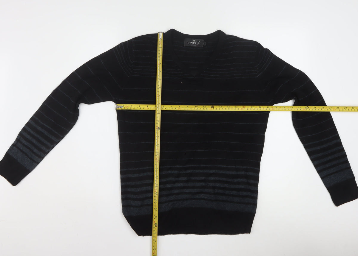 Diner's Men's Black Striped V-Neck Knit Jumper Size L