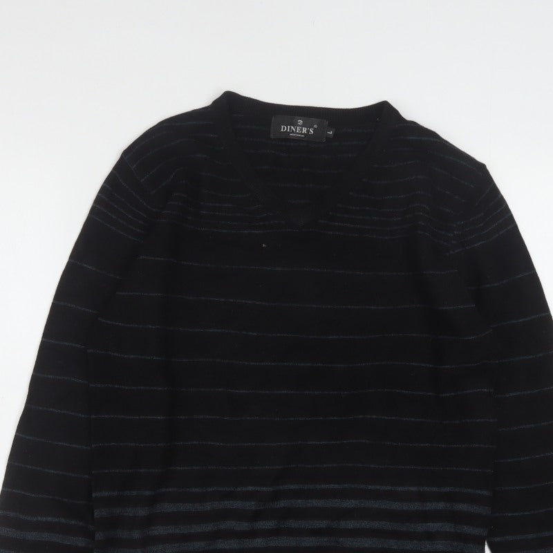Diner's Men's Black Striped V-Neck Knit Jumper Size L