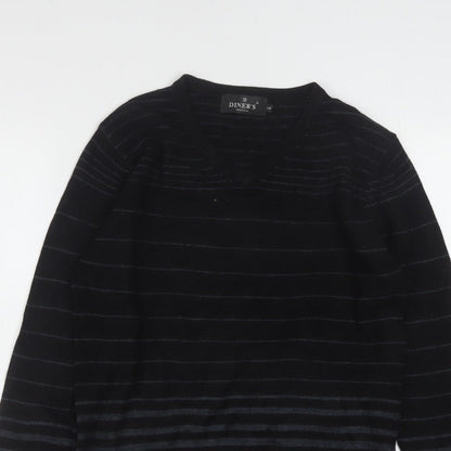 Diner's Men's Black Striped V-Neck Knit Jumper Size L