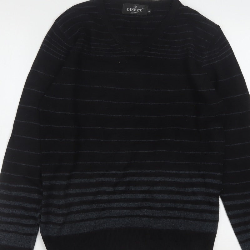 Diner's Men's Black Striped V-Neck Knit Jumper Size L