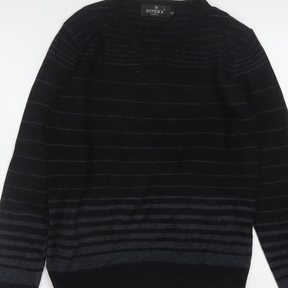 Diner's Men's Black Striped V-Neck Knit Jumper Size L