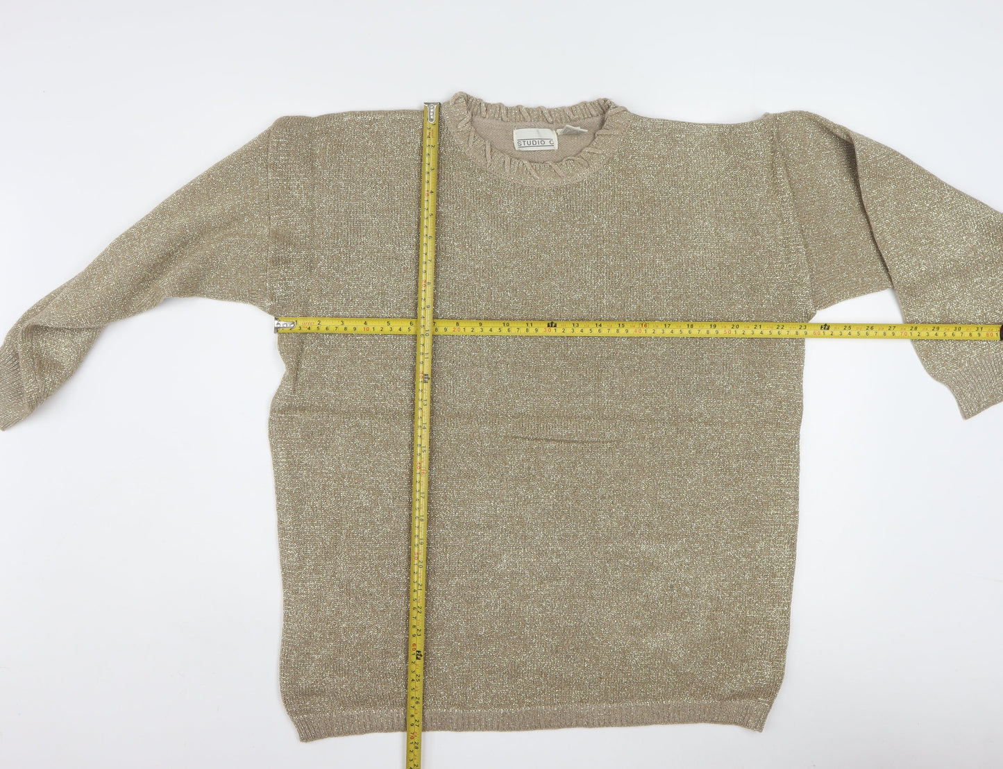 Studio C Women's Beige Metallic Knit Pullover Jumper M