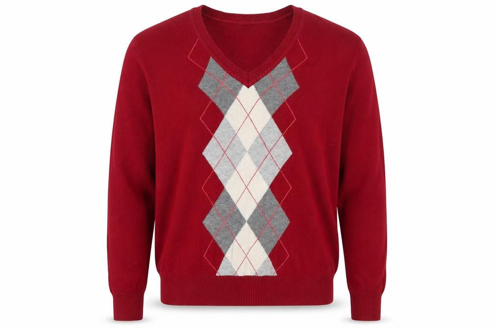 Bass Men's Red Argyle V-Neck Cotton Jumper Size M