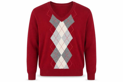 Bass Men's Red Argyle V-Neck Cotton Jumper Size M