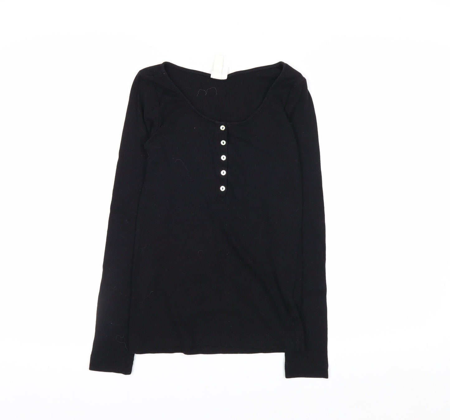 H&M Women Black Long Sleeve Henley T-Shirt Size S Cotton Blend