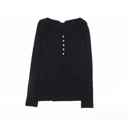 H&M Women Black Long Sleeve Henley T-Shirt Size S Cotton Blend