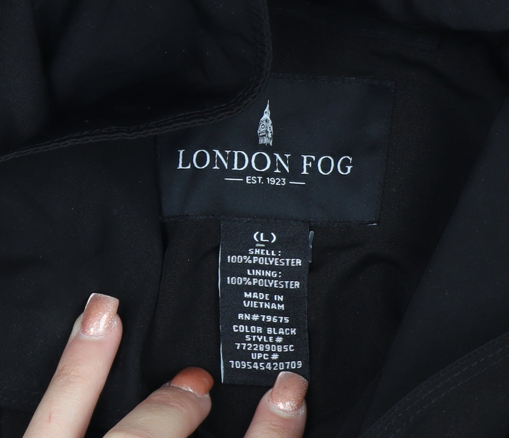 London Fog Women's Black L Hooded Belted Rain Coat