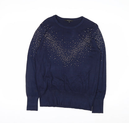 Peacocks Women Blue Beaded Crew Neck Long Sleeve Jumper Size 14
