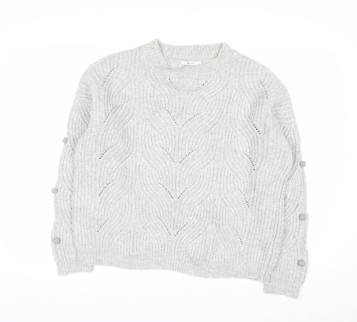 Tu Women Grey Cable-Knit Jumper Size 14 Wool Blend Button Detail