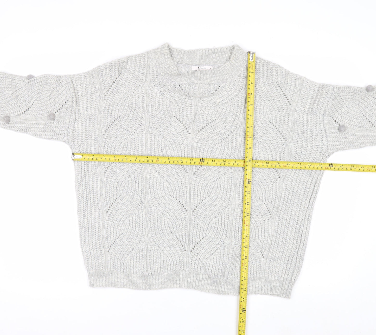 Tu Women Grey Cable-Knit Jumper Size 14 Wool Blend Button Detail