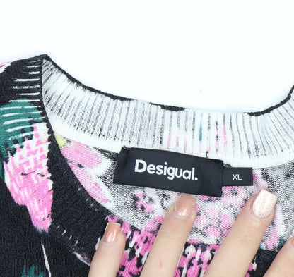 Desigual Women Black Multicoloured Floral Crew Neck Jumper XL