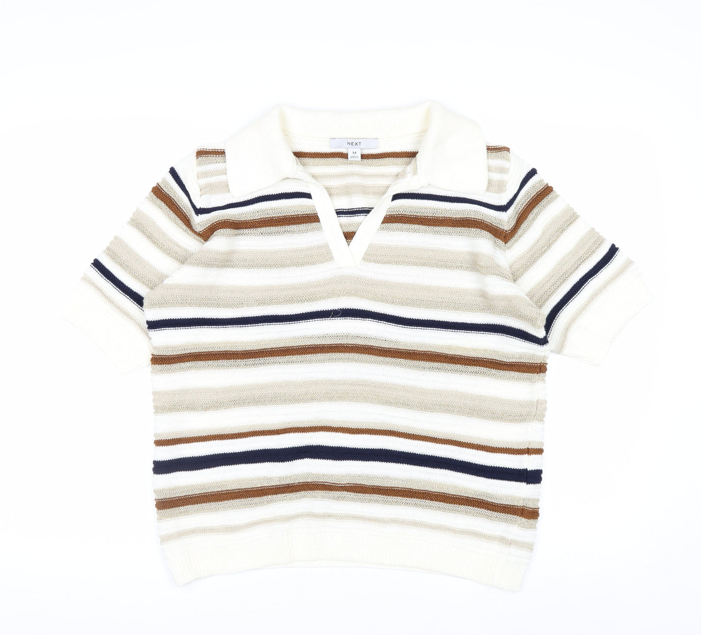 Next Men Beige Striped Collared Short Sleeve Pullover Jumper M