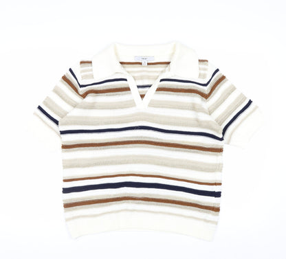 Next Men Beige Striped Collared Short Sleeve Pullover Jumper M
