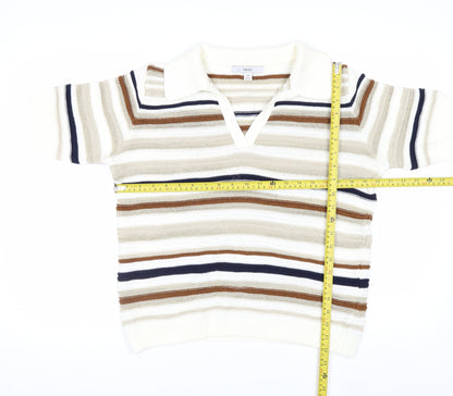 Next Men Beige Striped Collared Short Sleeve Pullover Jumper M