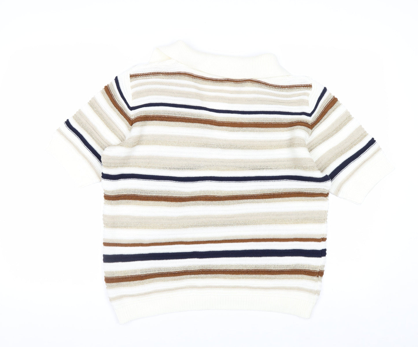 Next Men Beige Striped Collared Short Sleeve Pullover Jumper M
