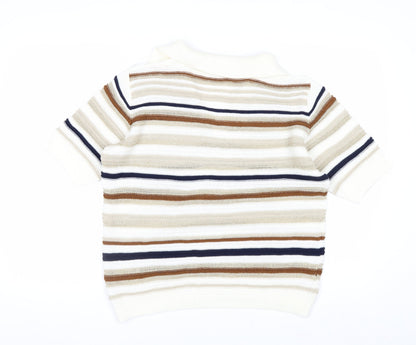Next Men Beige Striped Collared Short Sleeve Pullover Jumper M