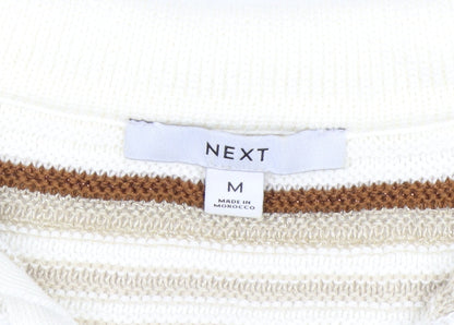 Next Men Beige Striped Collared Short Sleeve Pullover Jumper M