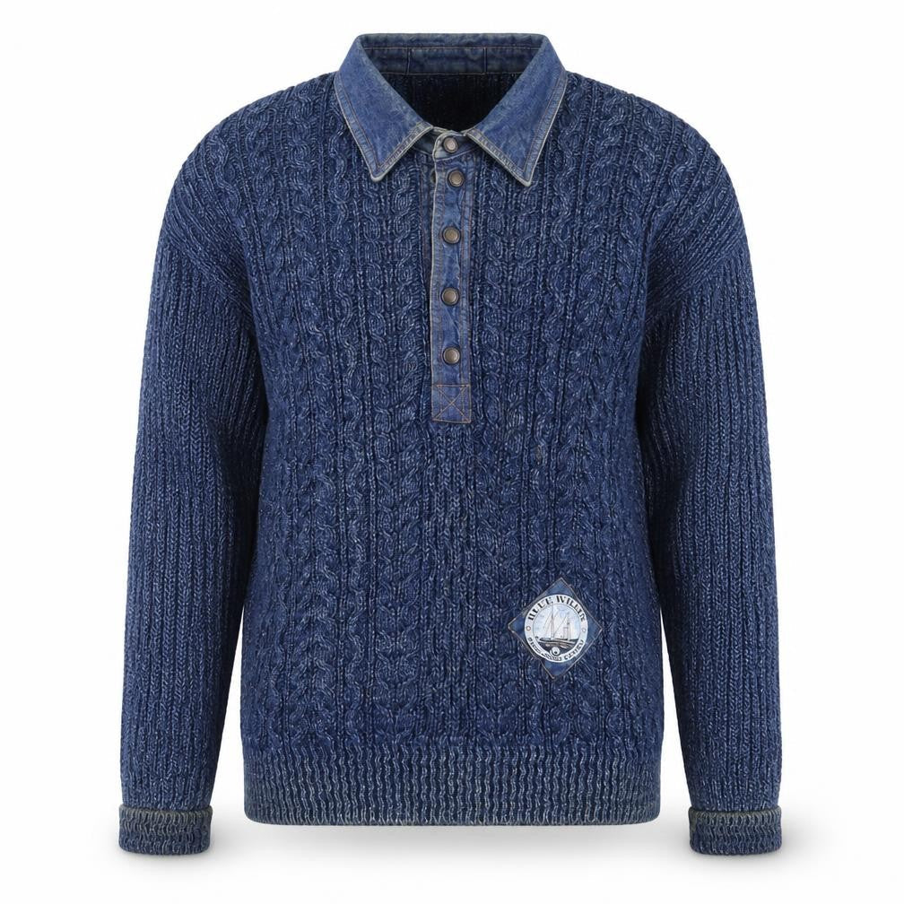 Blue Willi’s Men’s Blue Cable-Knit Henley Cotton Jumper S