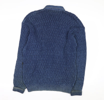 Blue Willi’s Men’s Blue Cable-Knit Henley Cotton Jumper S