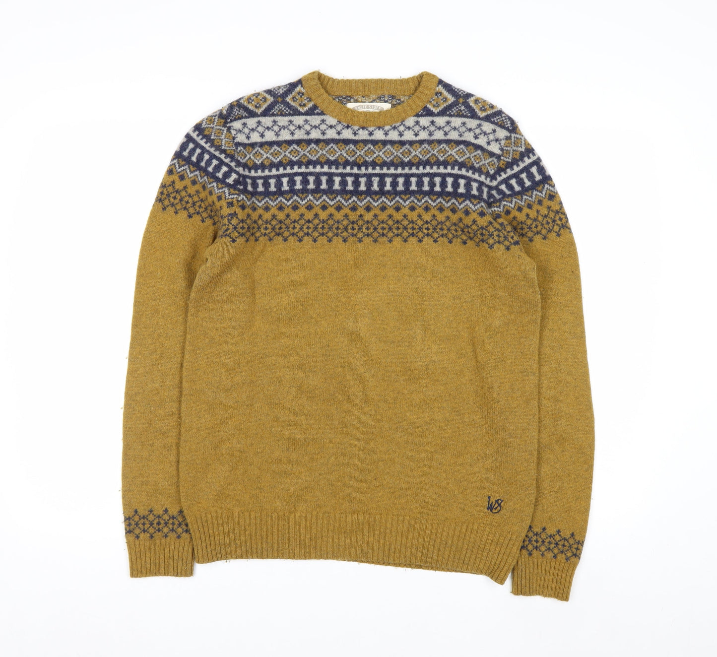 White Stuff Men's Mustard Fair Isle Wool Jumper Small Crew Neck Knit