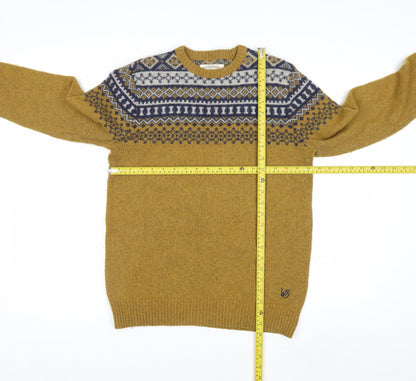 White Stuff Men's Mustard Fair Isle Wool Jumper Small Crew Neck Knit