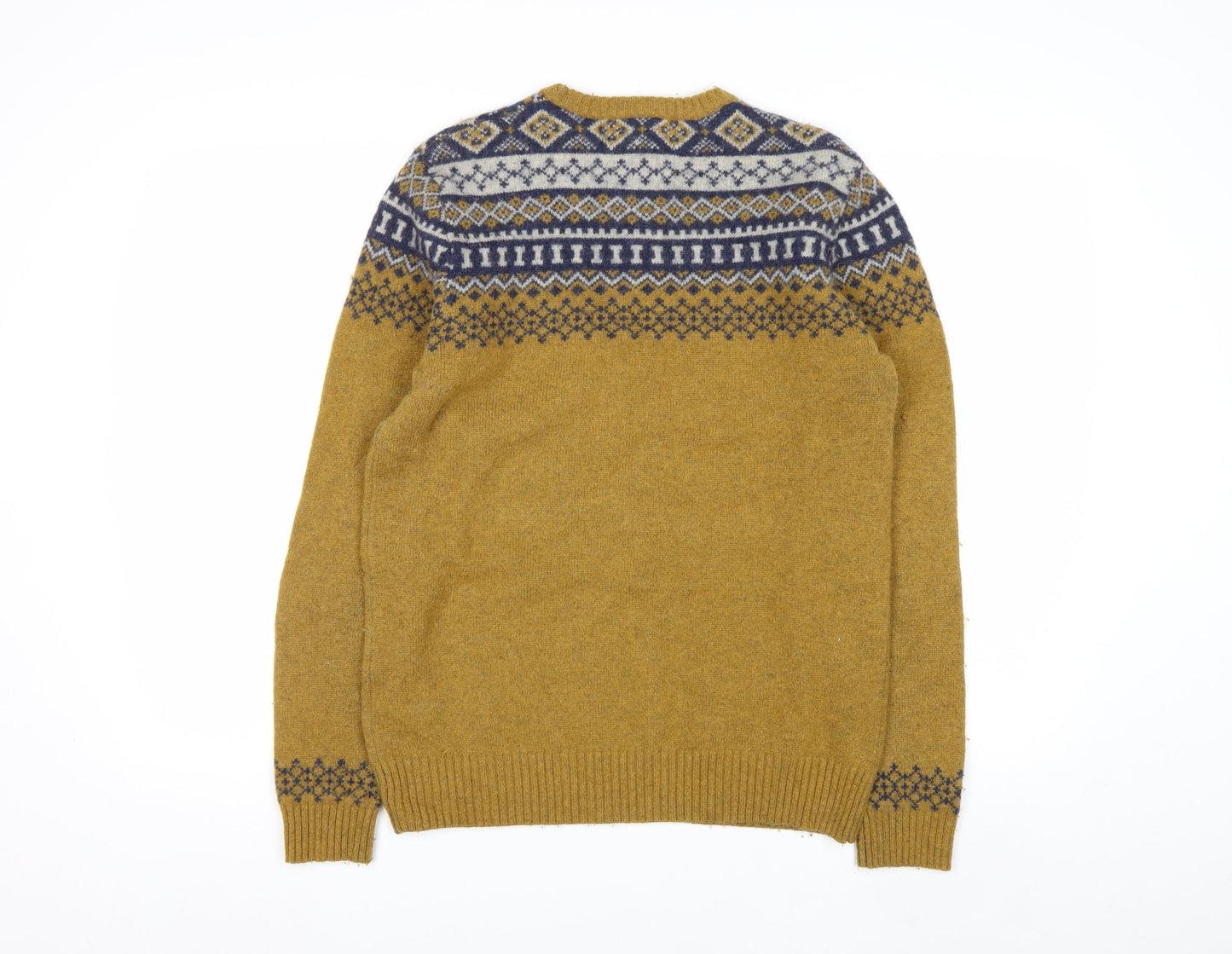White Stuff Men's Mustard Fair Isle Wool Jumper Small Crew Neck Knit