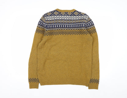 White Stuff Men's Mustard Fair Isle Wool Jumper Small Crew Neck Knit