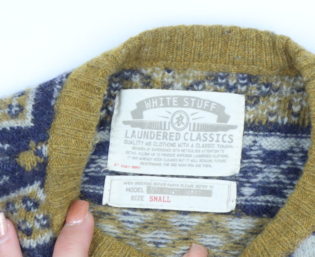 White Stuff Men's Mustard Fair Isle Wool Jumper Small Crew Neck Knit