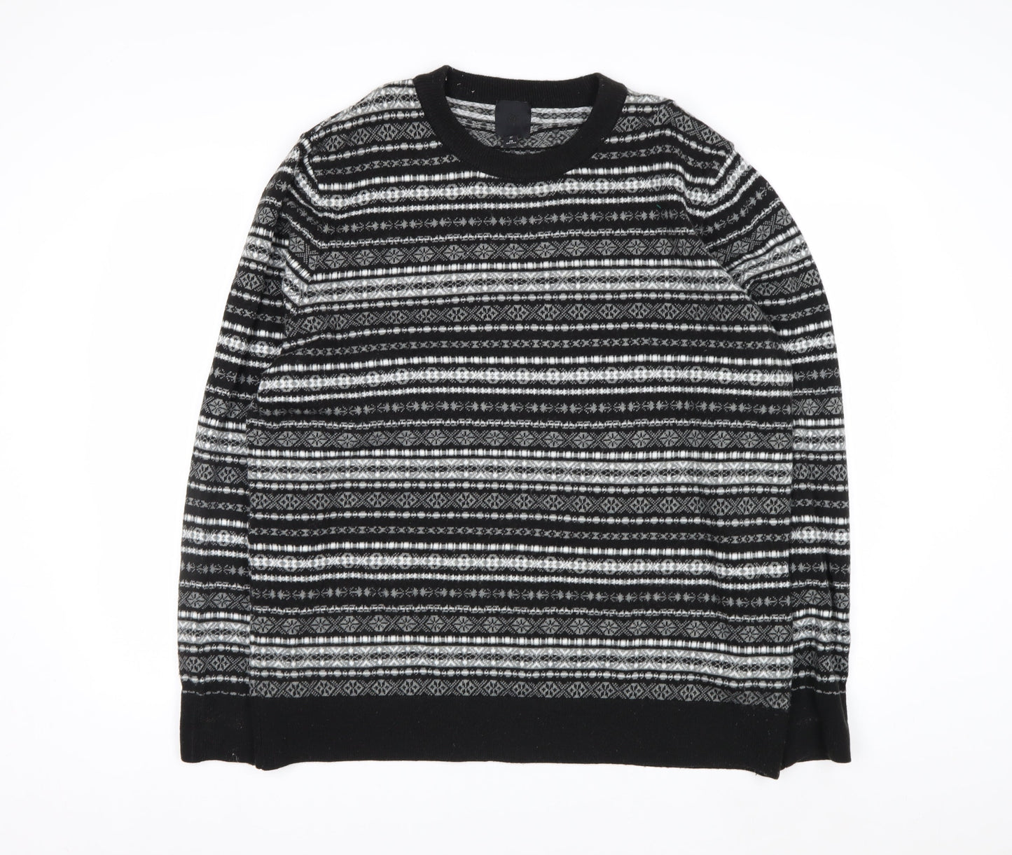 H&M Men's Black Fair Isle Knit Jumper XL Crew Neck Acrylic