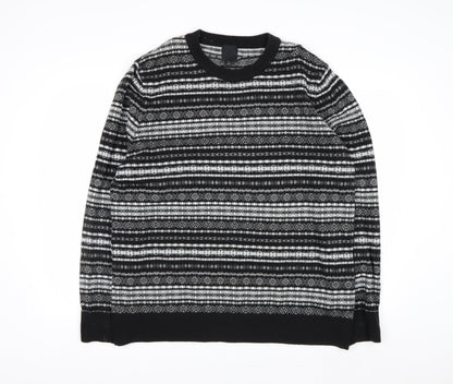 H&M Men's Black Fair Isle Knit Jumper XL Crew Neck Acrylic