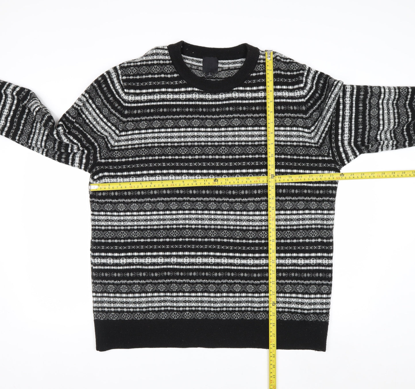 H&M Men's Black Fair Isle Knit Jumper XL Crew Neck Acrylic