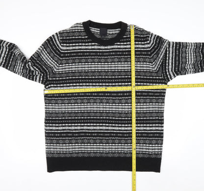 H&M Men's Black Fair Isle Knit Jumper XL Crew Neck Acrylic