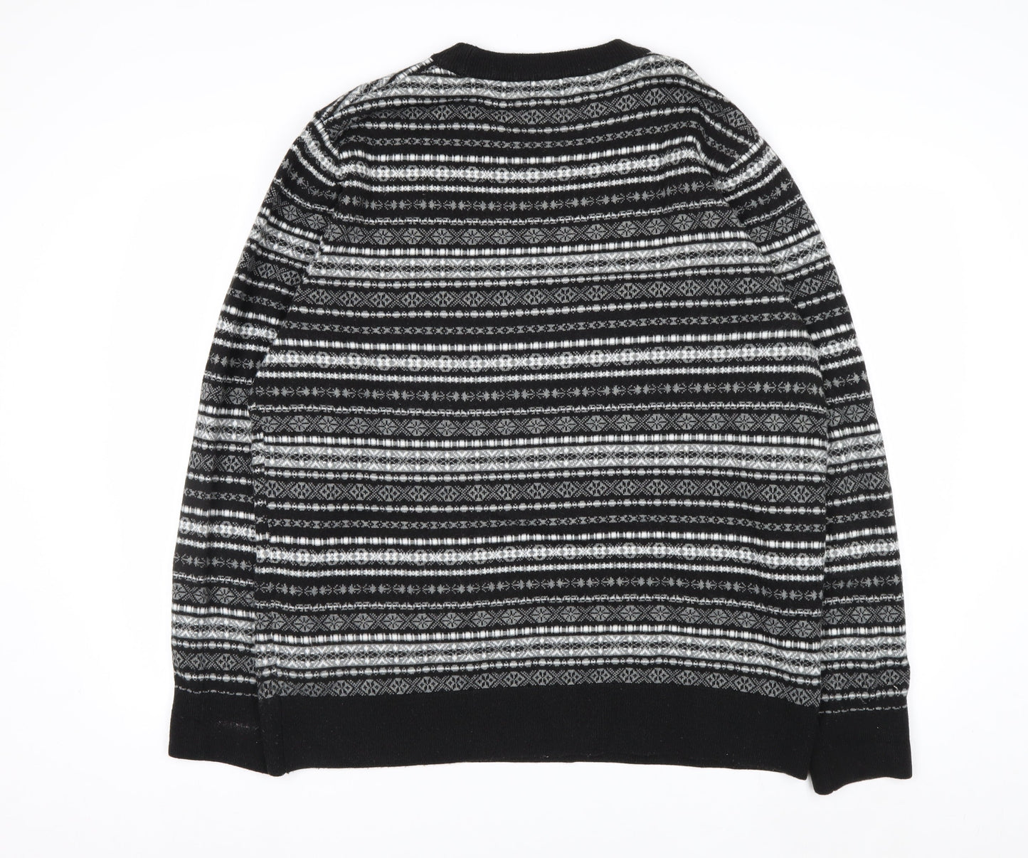 H&M Men's Black Fair Isle Knit Jumper XL Crew Neck Acrylic