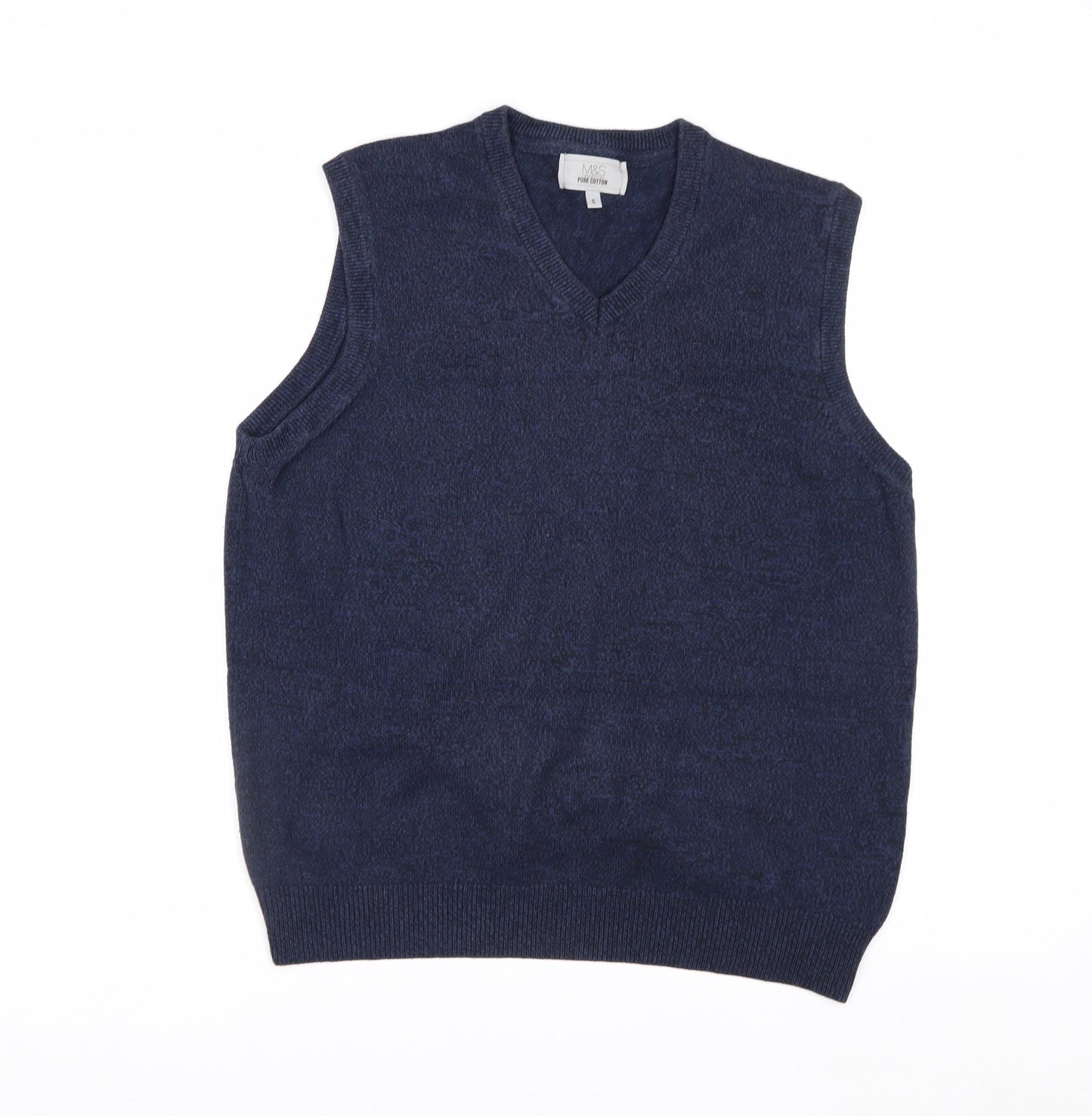 Marks and Spencer Men's Blue Cotton Sleeveless V-Neck Vest Jumper Size S