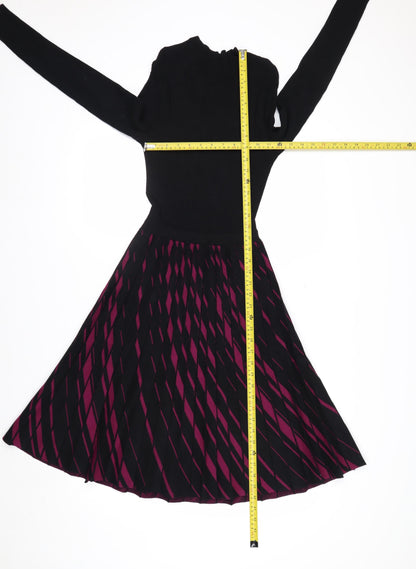 Hobbs Women’s Black & Burgundy Knit Midi Fit & Flare Dress UK 10