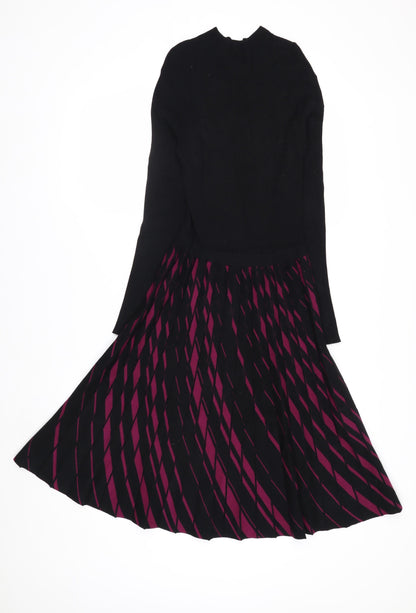 Hobbs Women’s Black & Burgundy Knit Midi Fit & Flare Dress UK 10