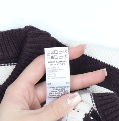 Marks and Spencer Women Brown Striped Crew Neck Cotton Jumper Size S