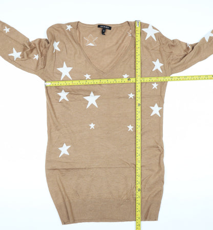 Baukjen Women Beige V-Neck Star Print Long Sleeve Jumper UK 8