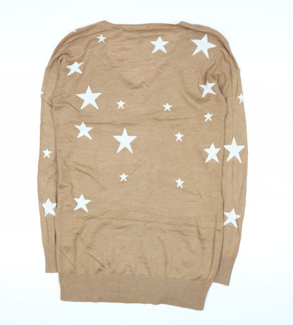 Baukjen Women Beige V-Neck Star Print Long Sleeve Jumper UK 8