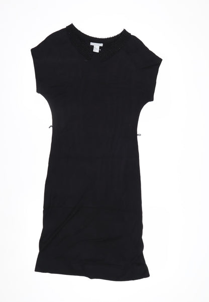 H&M Women Black Knee Length Shift Dress Size 8 Beaded Collar